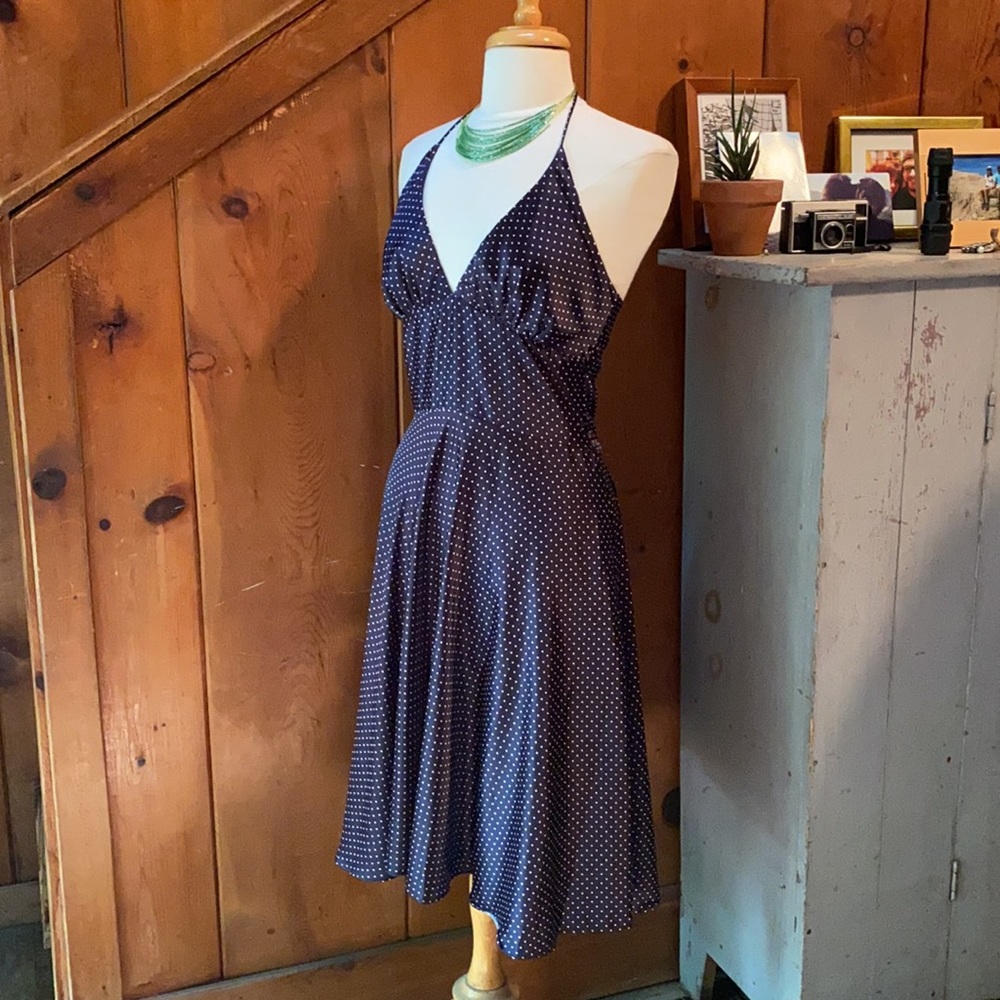 Polka Dot Halter Midi Dress in Navy